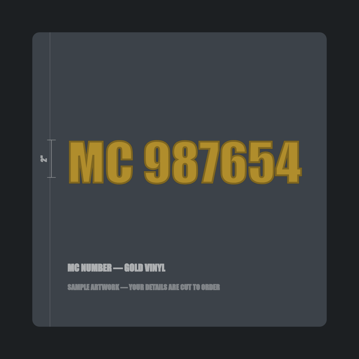 MC number — "MC 987654" cut in gold vinyl on a dark truck door panel