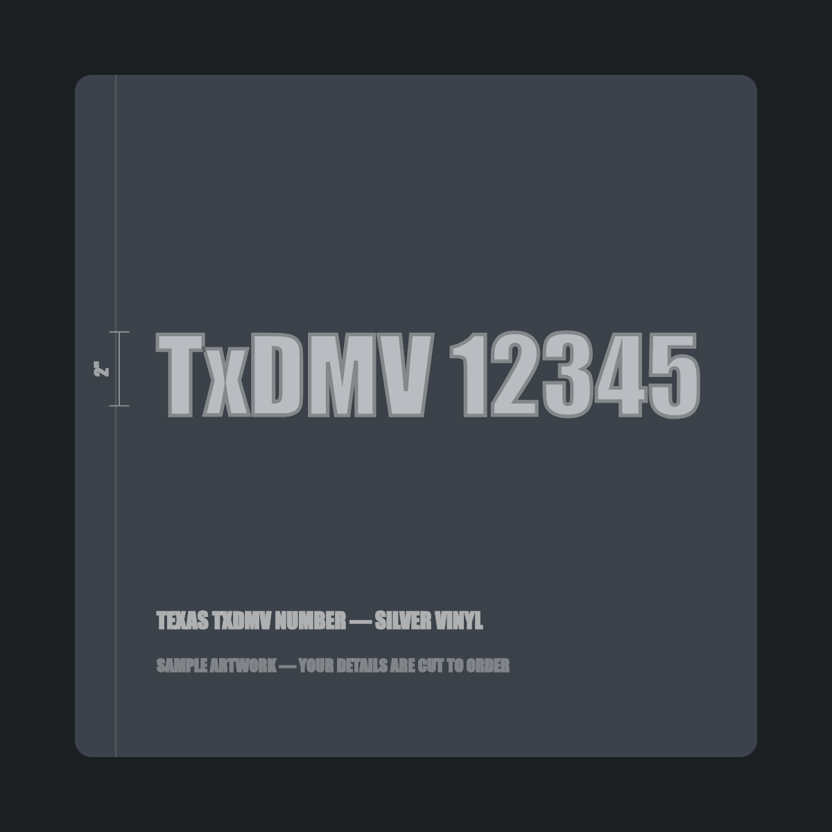 Texas TxDMV number — "TxDMV 12345" cut in silver vinyl on a dark truck door panel